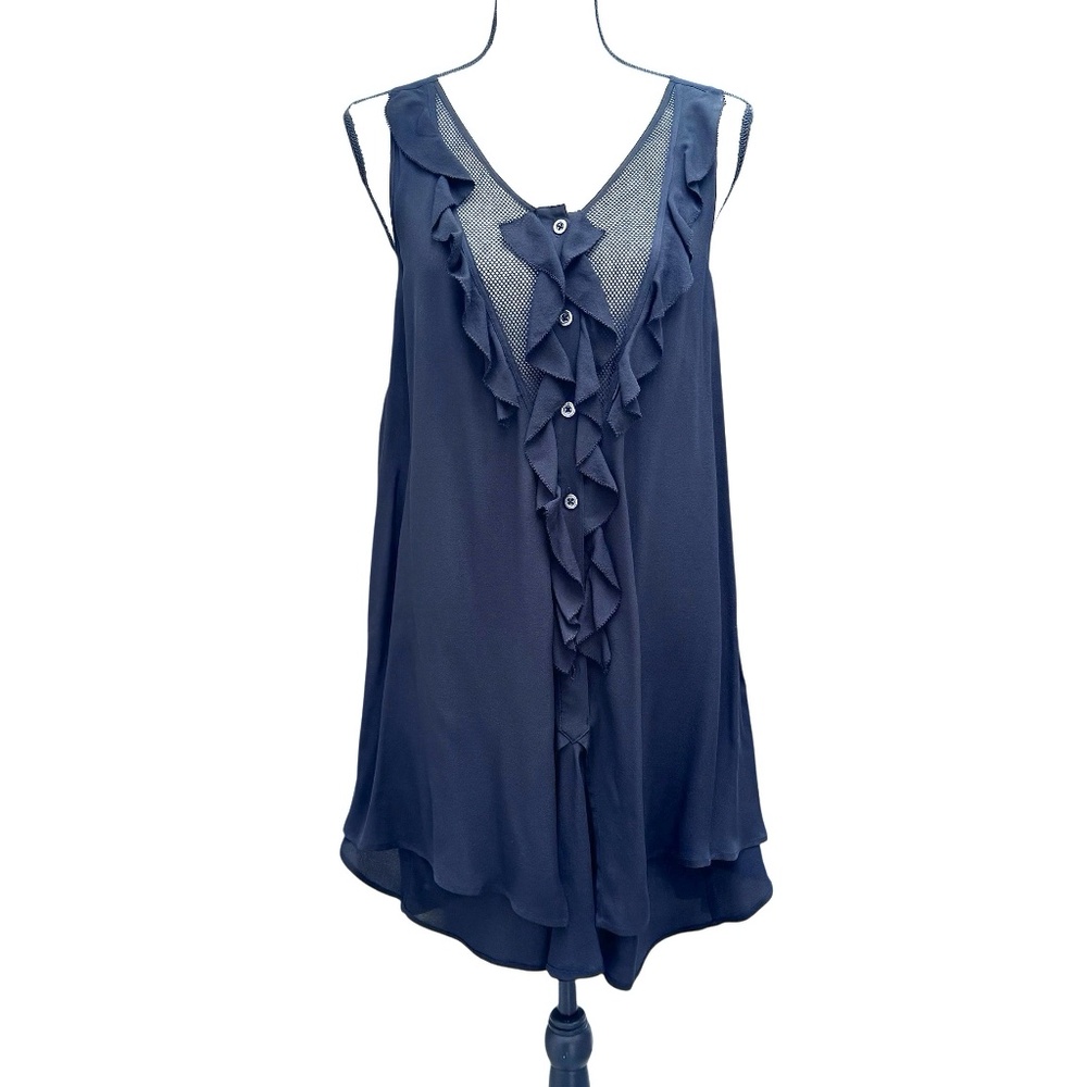 PROENZA SCHOULER BLACK SILK SLEEVELESS LAYERED TUNIC W/ RUFFLES & MESH INSERT